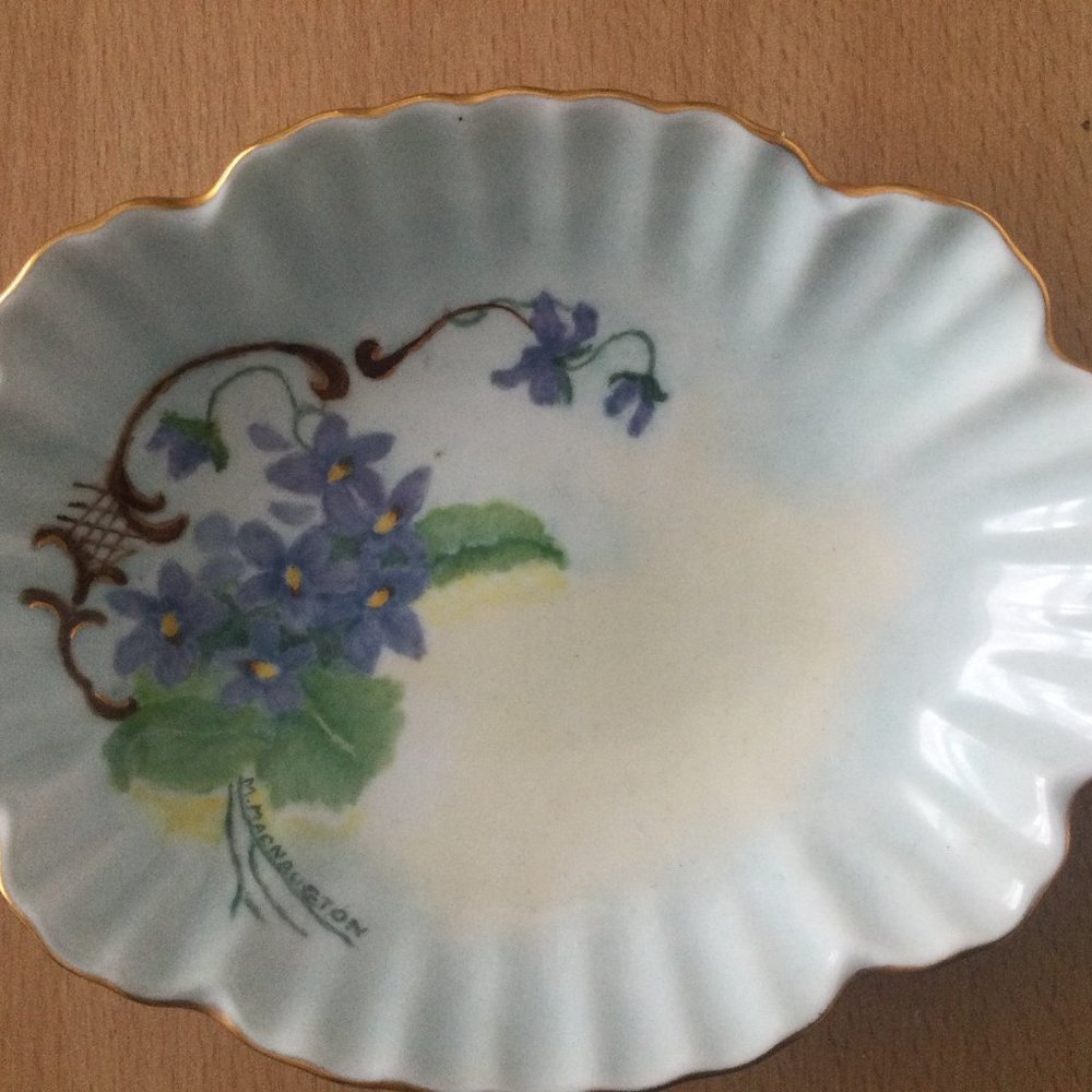 Beautiful hand painted candy nut bowl dish purple flowers signed